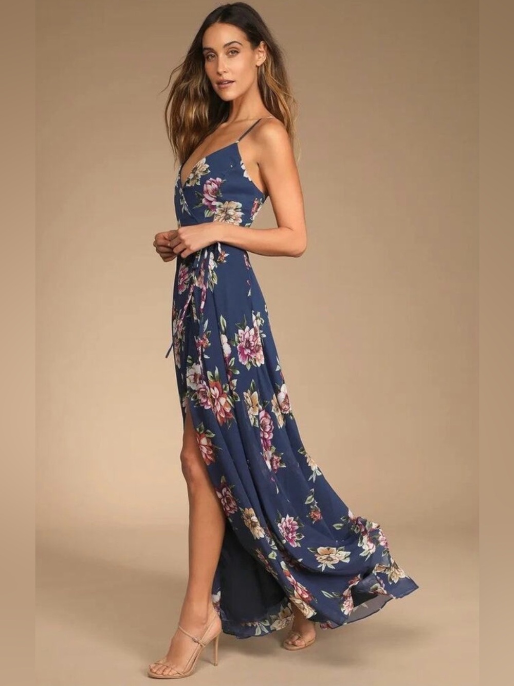 Lulu's Always There For Me Navy Blue Floral Print Wrap Maxi Dress